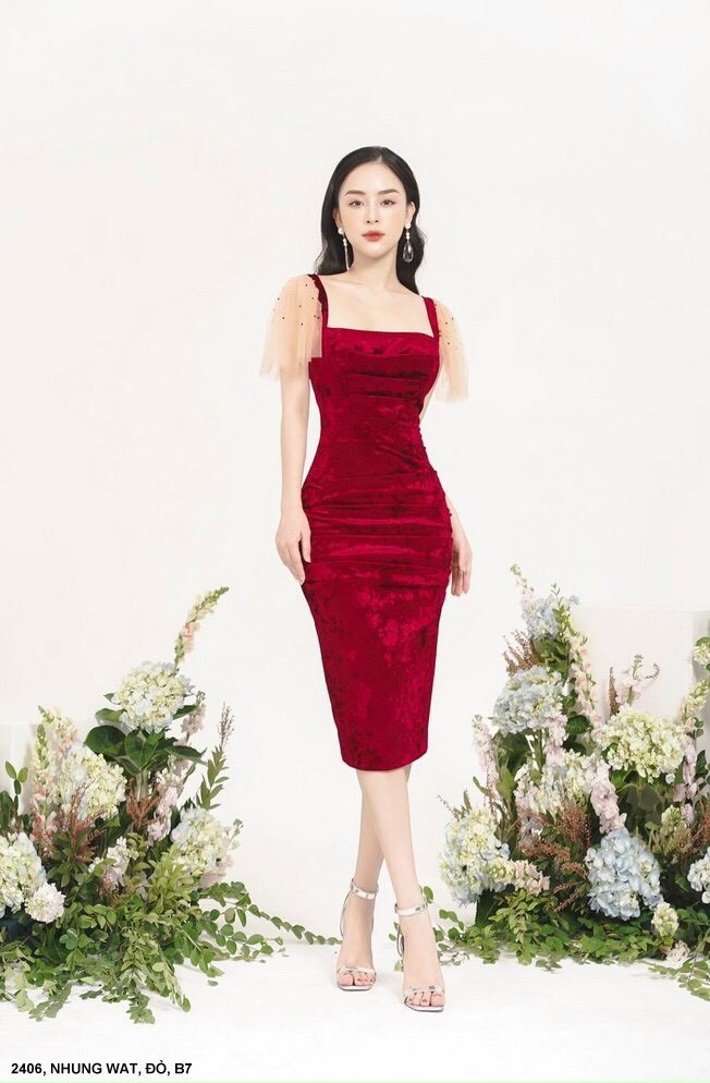 Đầm Nhung Tay Lưới Đính Ngọc Trai - D2406